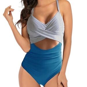 EoMENIE Striped White & Blue Cutout One-Piece Swim Bikini
